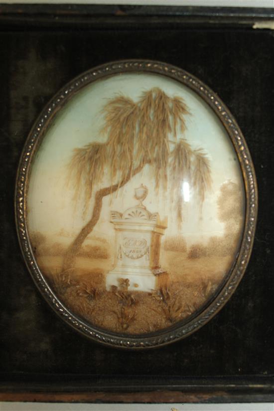 A pair of 19th century French oval memorial hair work pictures, each plaque 4 x 3.25in.